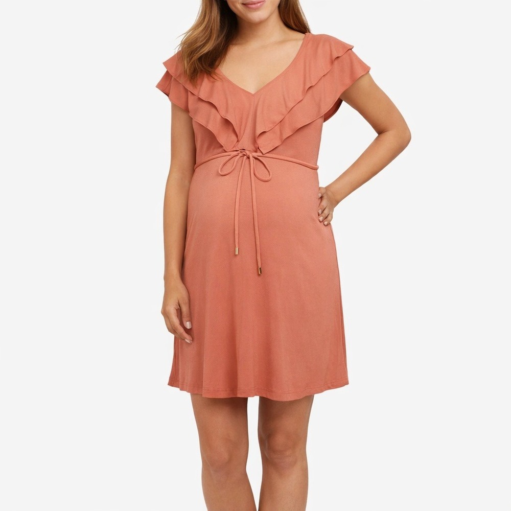 Jessica Simpson Maternity Dress Medium Terracotta Ruffle V-Neck